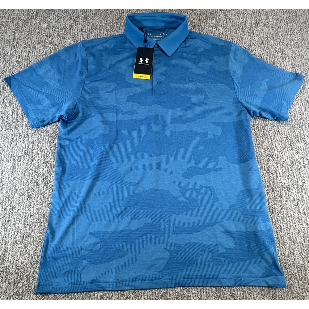 NWT Under Armour The Playoff Polo Shirt AOP Blue Camo Golf Performance Men Large